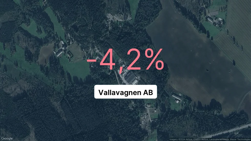 Illustrationen visar rörelsemarginalen för Vallavagnen för det senaste året. Bakgrunden är en satellitbild över företagets adress.