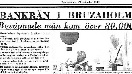 En artikel i Vimmerby Tidning om bankrånet i Bruzaholm 1983.
