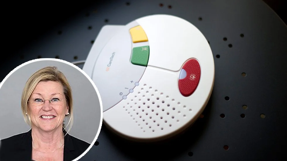 Lilla bilden: Pirjo Ohvo, chef för omsorgs- och socialförvaltningen i Mjölby. Stora bilden: Genrebild på trygghetslarm.