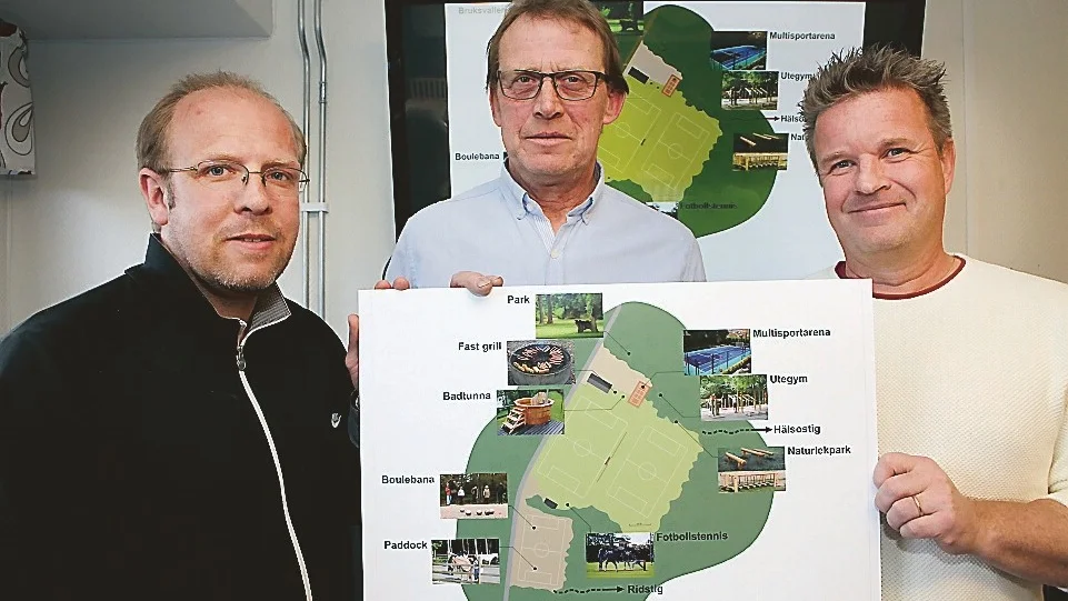Projektgruppen, från vänster Fredrik Arvidsson, Mats Jacobsson och Peter Grudemo, visar hur det kan bli på Bruksvallen i framtiden. (Foto: Roelof Stroetinga)
