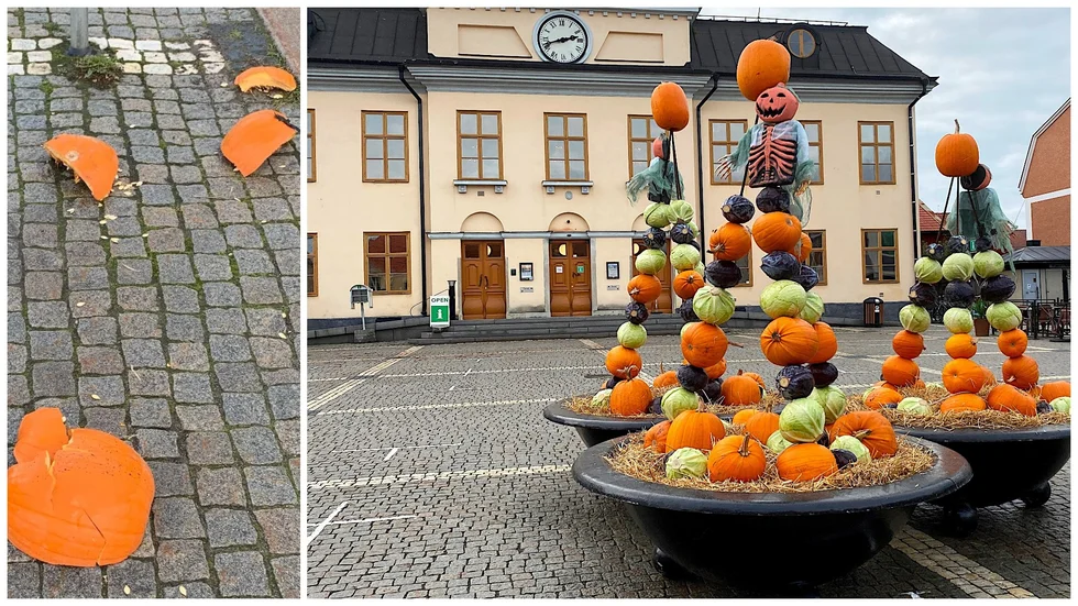 Hösten 2021 saboterades en del av halloweenpyntet i Västervik (bilden till vänster). I år hoppas stadsarkitekten Sara Dolk att pyntet får vara ifred. "Vi fick väldigt mycket positiv feedback förra året så vi ville ändå göra ett försök i år igen."