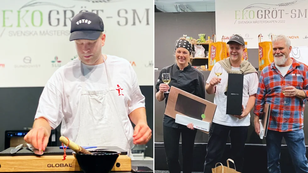 Gotlänningen Isak Oldenburg vann finalen i Ekogröt-SM med inspiration och ingredienser från ön. Till höger syns han med andrapristagaren Karin Hermansson och tredjepristagaren Jeffrey Bickford.
