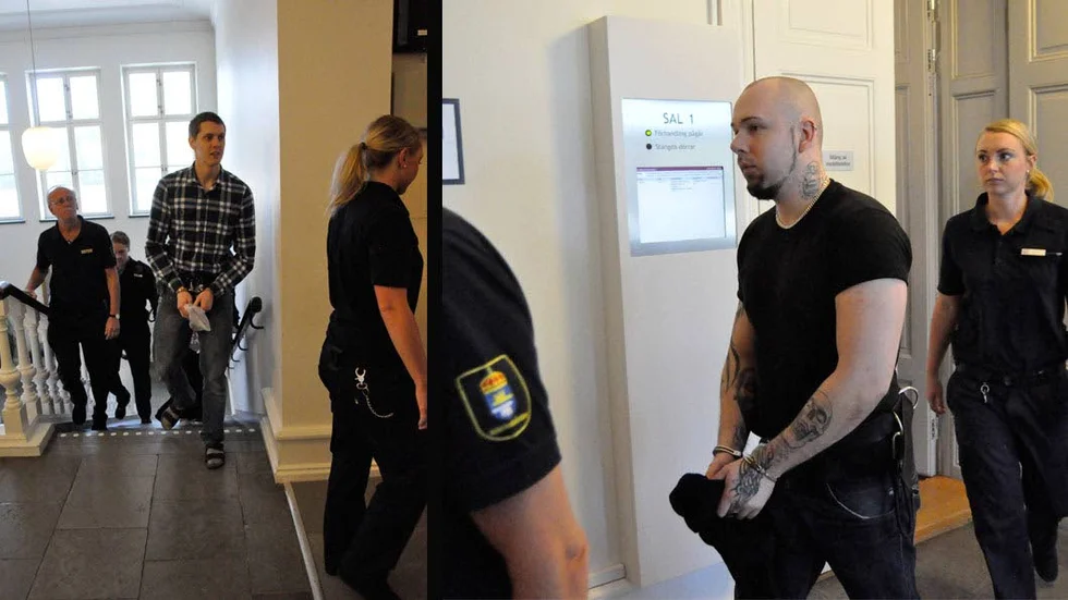 Rasmus Enmark och Krille Hansson anländer till hovrättsförhandlingarna.