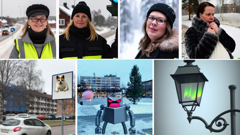 Norran tog hjälp av AI för att generera tjänstepersoner på kommunen, personer ur allmänheten, liksom skyltarna med djur, robotar och norrskensbelysning.