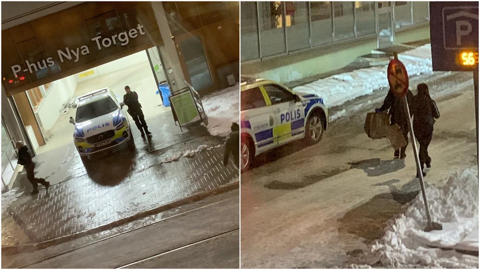 Polisen på plats vid parkeringshuset.