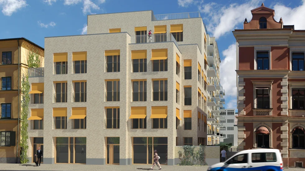 Ett planerat bostadshus på Kungsgatans östra sida, med fyra våningar mot gatan och tio våningar mot gården. Flera närboende har överklagat planen.