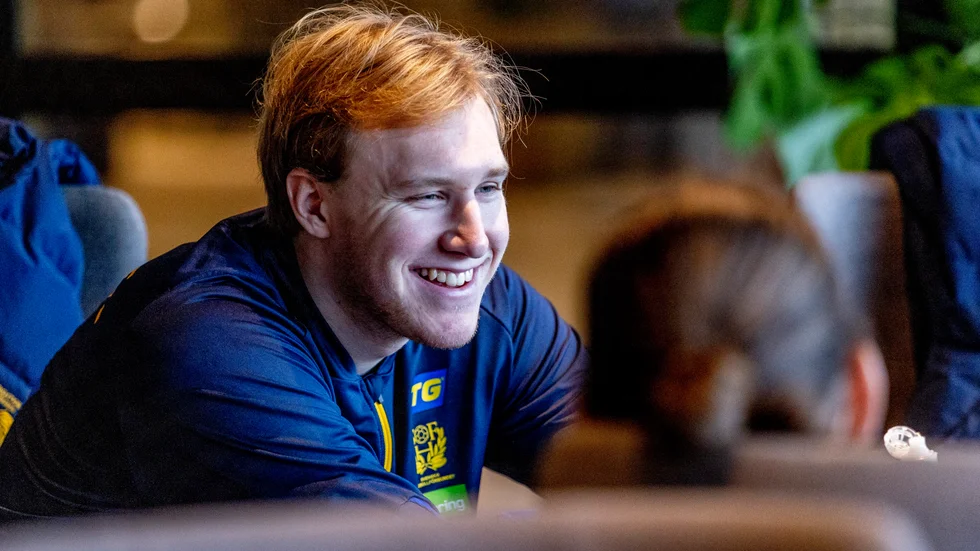 Eric Johansson under handbollslandslagets pressträff dagen efter matchen mot Ungern i handbolls-VM.