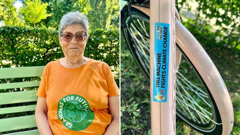 Dorothee Hildebrandt och hennes cykel med mottot "den här maskinen kämpar för klimatförändring".