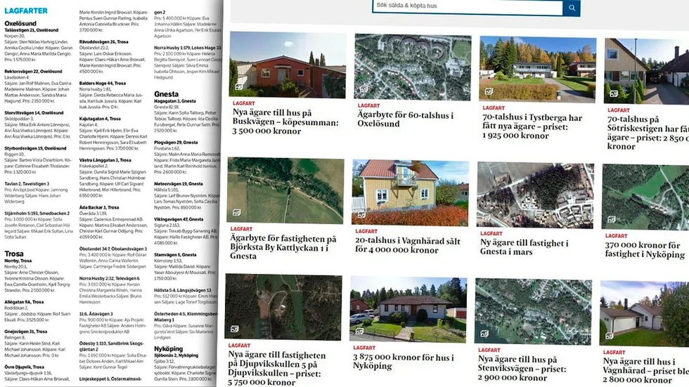 Till vänster syns de traditionella lagfarterna och hur de brukar se ut i papperstidningen. Till höger ser du hur de ser ut på webben med den nya tjänsten.