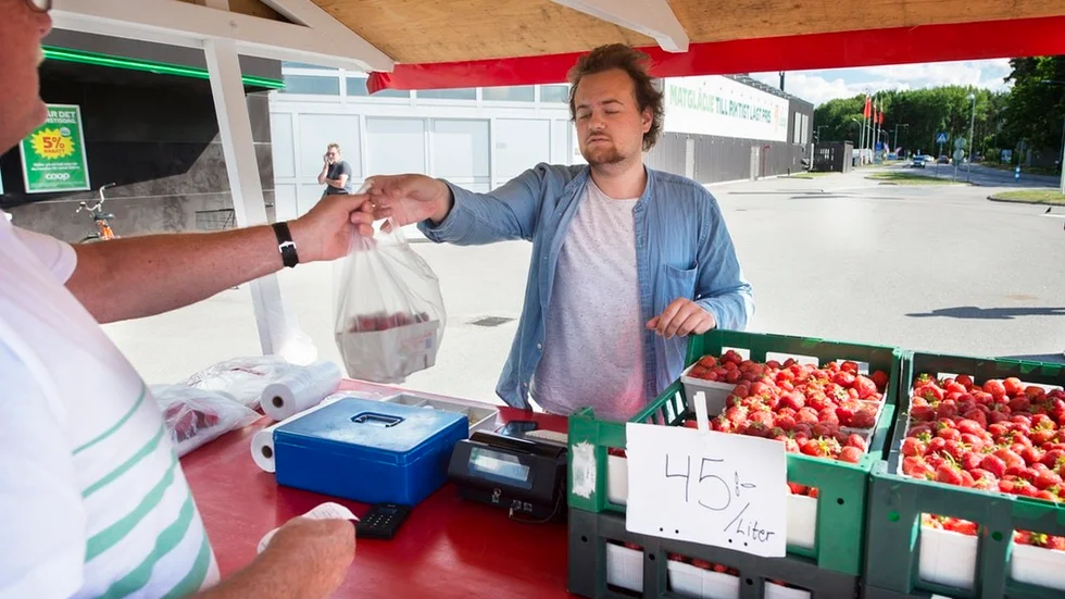 Gert Karlsson har märkt att det är svårt att få tag på jordgubbar. Men han hann köpa en låda på sista försäljningsdagen utanför Stora Coop i Nyköping och han och frugan såg fram emot att gå hem och äta jordgubbar med mjölk.