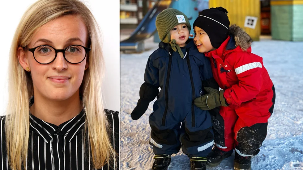 Moa Hallberg är meteorolog på SMHI. Adrian och Elias Sjöblom ser till att vara rejält påklädda när de besöker lekparken i stadsparken i Eskilstuna.