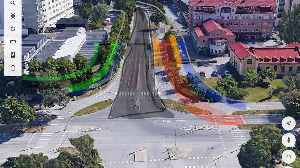 Trafikplats Batteriparken blir motortrafikens triumf: Separerad motortrafik och sammanslagen gång- och cykeltrafik. Rött är spårvägen, orange är hållplatser och blått är gång- och snabbcykelbana, skriver Joakim Crona och Torbjörn Albért.