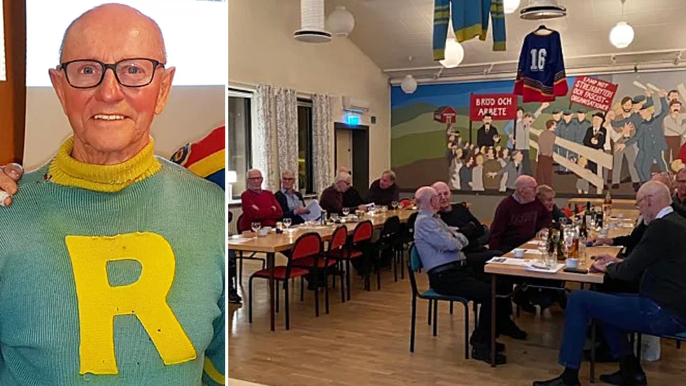 "Bente" Stenlund, 89 år, gjorde RIF:s första mål i allsvenskan 1957 mot Gävle Godtemplare - här i en klassisk RIF-matchtröja. Han var en av många som besökte träffen i Folkets Hus. 