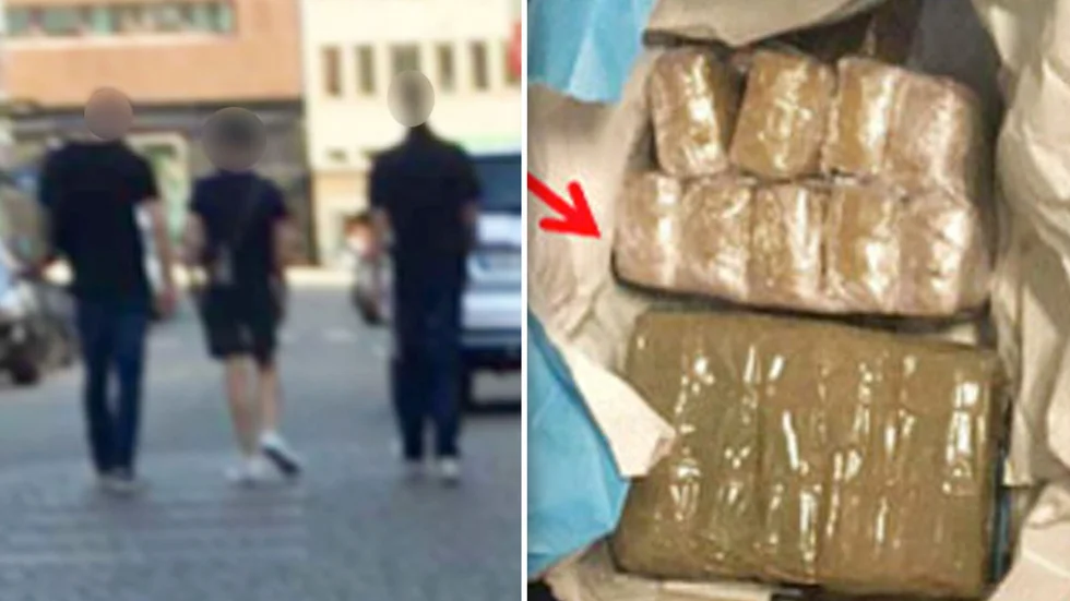 Bilden till vänster: Männen fotas under sin vistelse i Stockholm. Bilden till höger: Cannabisen som hittades i männens bil. Foto: Polisen