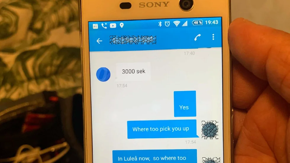 Bild ur förundersökningen, angående misstanke om sexköp. Polisen har gått igenom 45-åringens mobiltelefon och bland annat funnit den här konversationen.