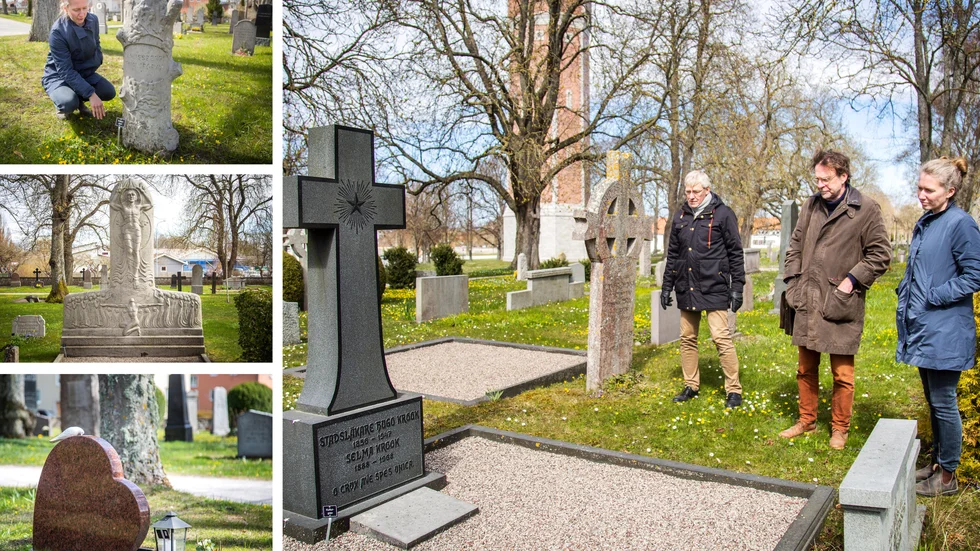 Stora bilden: Svart granit eller ett ringkors? Då är chansen stor att det blir en kulturgrav av det, konstaterar Mats Ahlqvist, Lärs Bäckman och Klara Holmqvist. Överst till vänster: en gravsten formad som en uthuggen trädstubbe var självklar för att bli kulturgrav. Mitten till vänster: De Lithbergska graven är en av de mest uppseendeväckande på Östra kyrkogården. Nederst: En helt modern grav enligt dagens ideal: Granit som material, gärna med en sten i udda form, här som ett liggande hjärta. Med en skulpterad duva ovanpå.