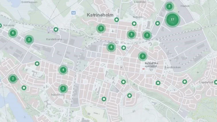 Polisens karta visar var i Katrineholm det stjäls flest bildelar och sker flest bilinbrott. 