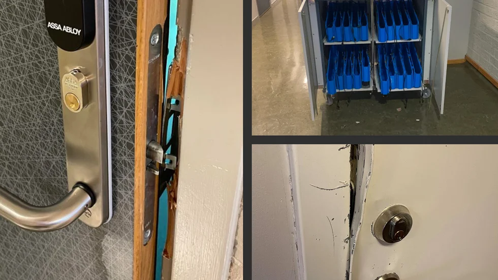 Datorer och annan teknisk utrustning stals vid inbrottet och skadegörelsen var omfattande.
