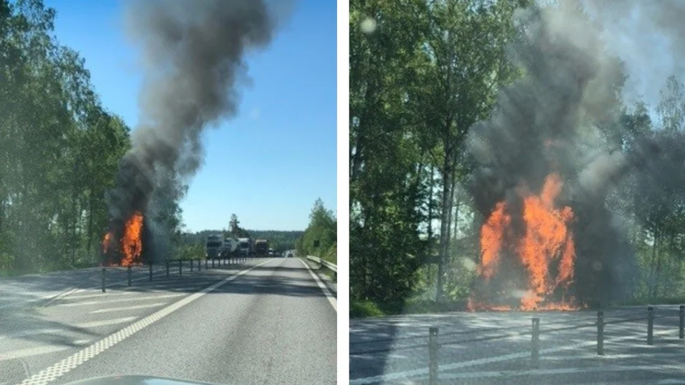 En lastbil brann strax utanför Simonstorp på torsdagsförmiddagen.
