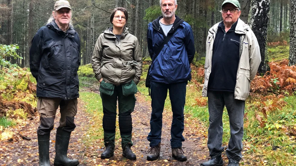 ”Skogsbruket och industrin vill göra så billig avverkning som möjligt och då plockas allt bort och ersätts med nya plantor, vilket inte alls är samma sak, säger Janne Elmhag. Här tillsammans med Bo Karlsson, Anders Granquist och Sanna Stahle. 