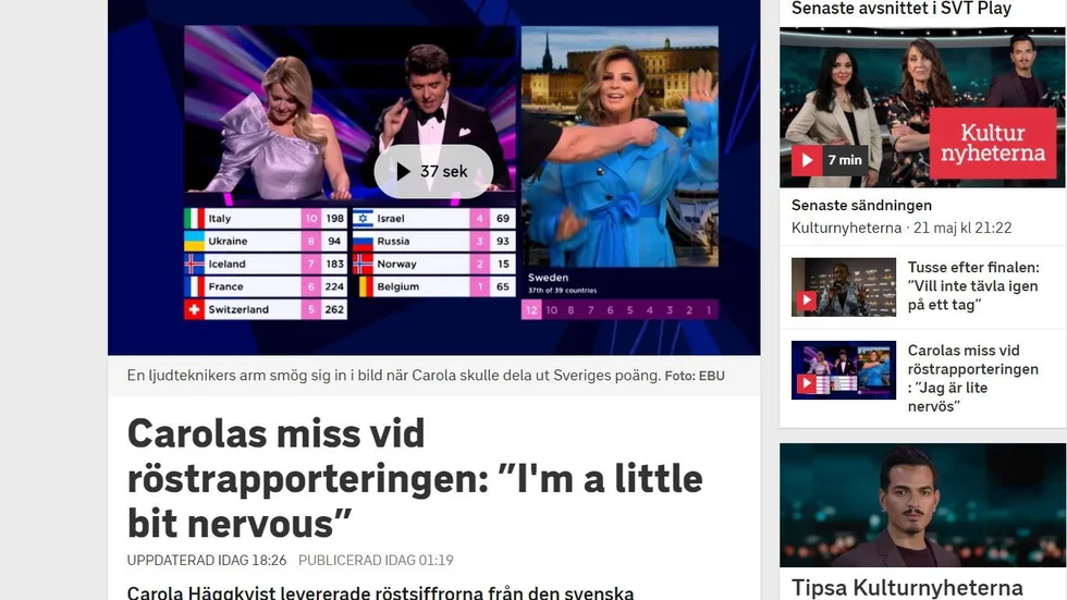 SVT ger Carola skulden för schabblet med leveransen av den svenska juryns poäng i Eurovision song contest.
