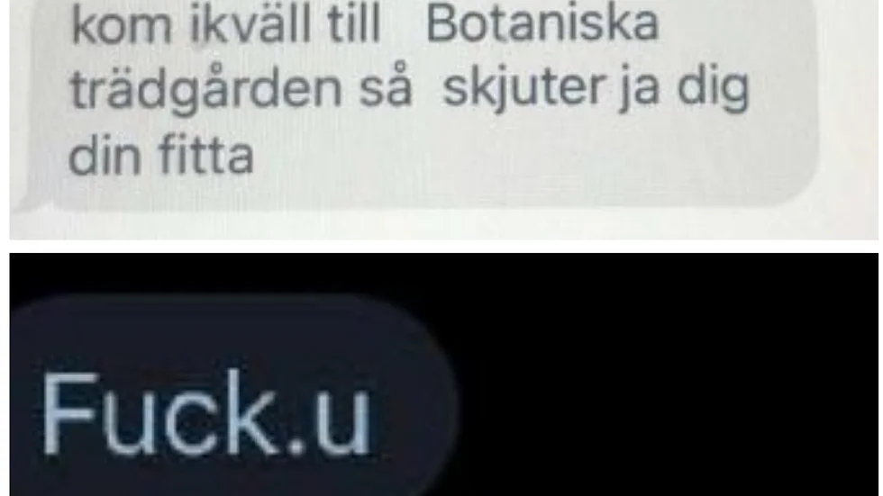 Ett par av de sms som skickats till personer i Uppsala. Avsändaren, en man i 30-årsåldern, åtalas nu för olaga hot och ofredande. 