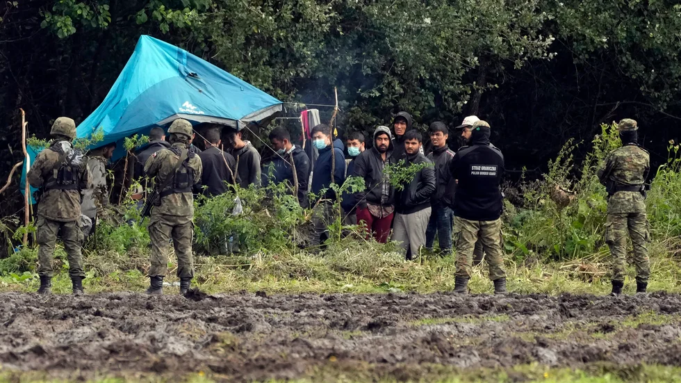 Polska säkerhetsstyrkor och migranter på väg från Belarus vid gränsen mellan de två länderna. Arkivfoto.