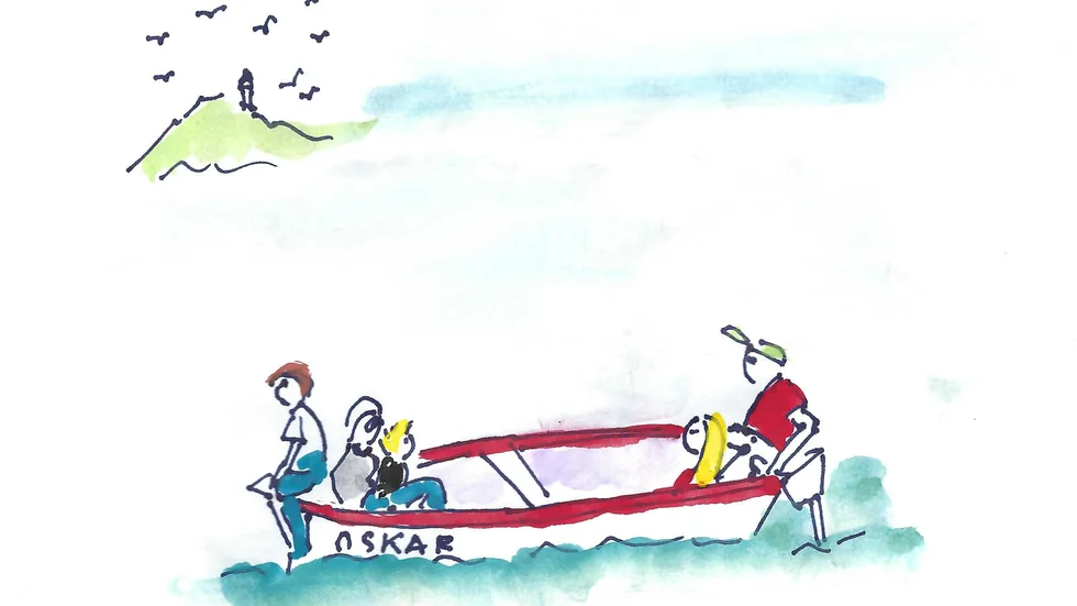 Illustration av författaren till "Vad händer på Heligholmen", Oskar kör ut barnen till Heligholmen där de tänker tälta i hemlighet för föräldrarna.