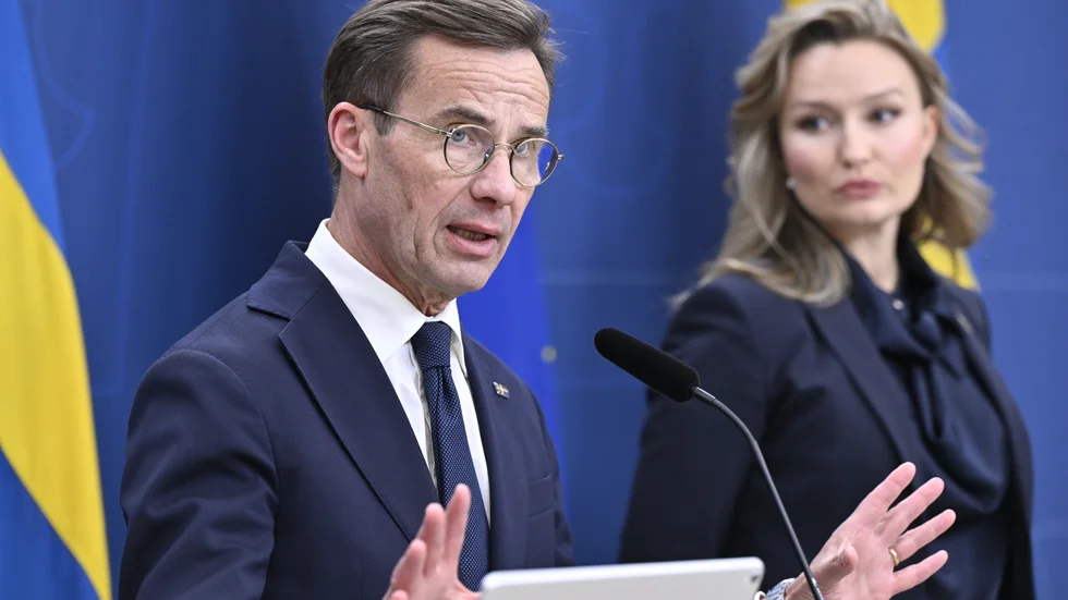 Statsminister Ulf Kristersson (M) och vice statsminister Ebba Busch (KD) vid en pressträff efter torsdagens möte i nationella säkerhetsrådet.