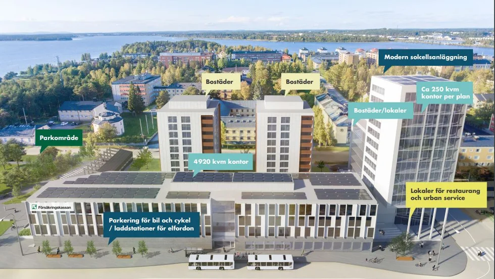 Västra stranden (kvarteret Biet) i Luleå. Bygglovsansökan avser höghuset till höger i bild, vid korsningen Sandviksgatan-Residensgatan och ett åtta våningar högt hus längs med Residensgatan.