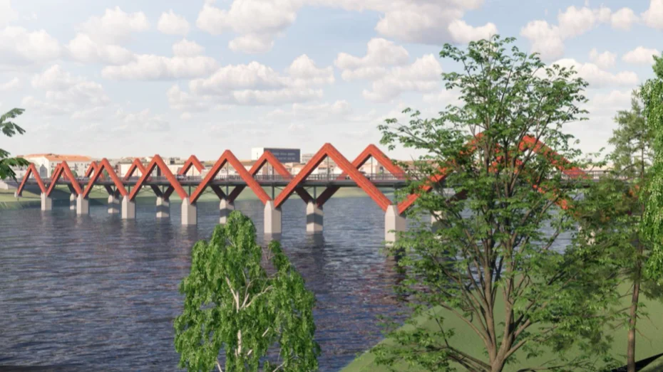 Så ska Karlgårdsbron se ut. De grå stöden av betong ska vara fästa i urberget, men på några ställen var det knepigt att nå ner till fast berg. 