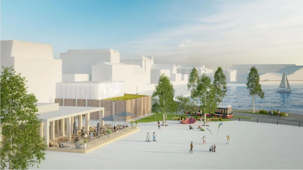 Trekantens parkering ska bli mötesplats, torg och framförallt plats för Luleå Energis fördelningsstation. Fördelningsstationen är den bortre byggnaden på skissen, med ett grönt sedumtak.