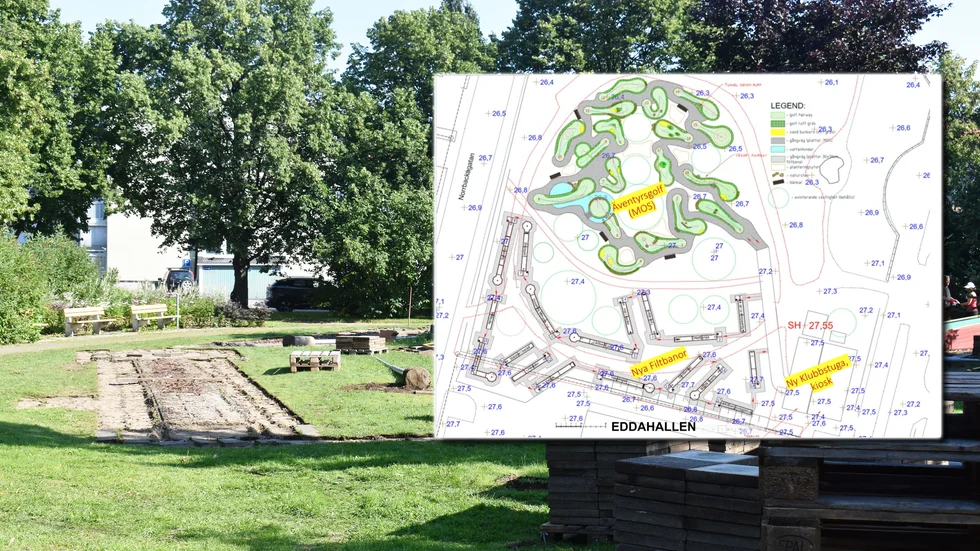 Skellefteå Bangolfsklubbs nya anläggning vid Eddhallen (vars kortsida syns längst ner i grafiken) ska innehålla en äventyrsbana med 18 hål (längst upp i grafiken, i grönt) samt en ny "vanlig" bangolfsbana, som syns i nedre delen av grafiken. Även en ny klubbstuga (nere till höger) med stor altan ska byggas.