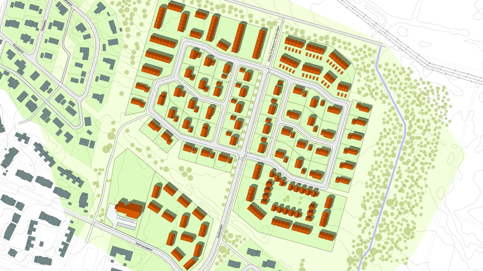 Hus som ska byggas är markerade med brunt och befintlig bebyggelse med blågrönt. 