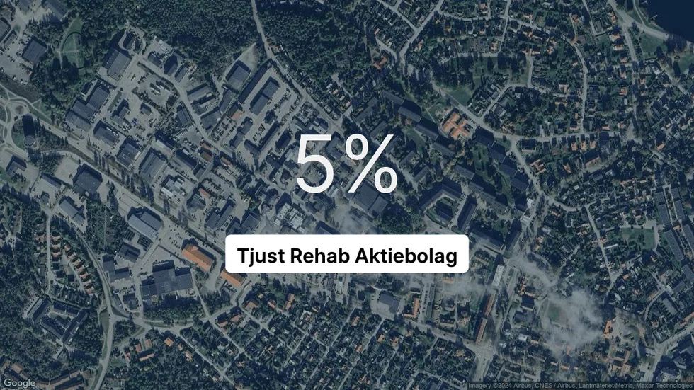 Illustrationen visar rörelsemarginalen för Tjust Rehab för det senaste året. Bakgrunden är en satellitbild över företagets adress.