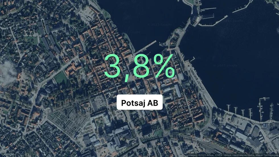 Illustrationen visar rörelsemarginalen för Potsaj för det senaste året. Bakgrunden är en satellitbild över företagets adress.