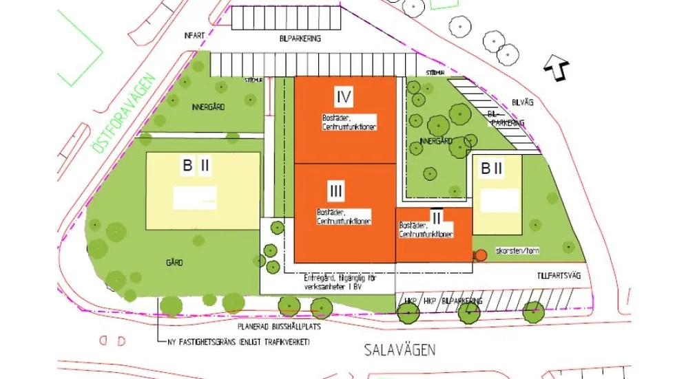 Idéskiss över tänkbar utbyggnad vid mejeriet i Järlåsa. Nya bostadshus (gulmarkerade) intill mejeribyggnaden (rödmarkerad). 