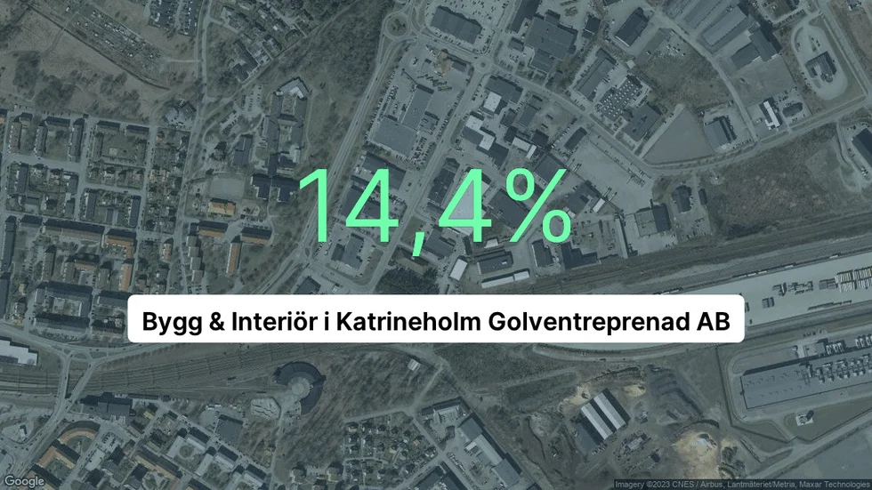 Illustrationen visar rörelsemarginalen för Bygg & Interiör i Katrineholm Golventreprenad för det senaste året. Bakgrunden är en satellitbild över företagets adress.