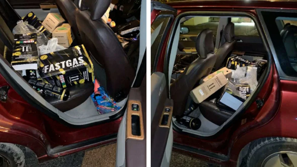 Bilen som 21-åringen körde var lastad med lustgas. (Bilderna är hämtade ur förundersökningen.) 