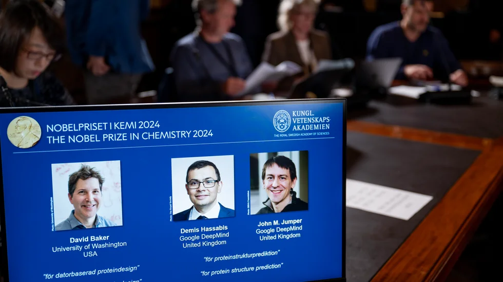 Nobelpristagarna i kemi 2024: David Baker, Demis Hassabis och John Jumper.