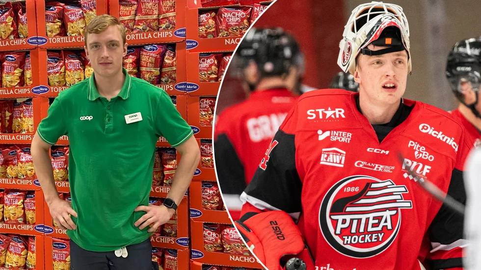 Johannes Sundström tar hand om varor på Coop och puckar i Piteå Hockey