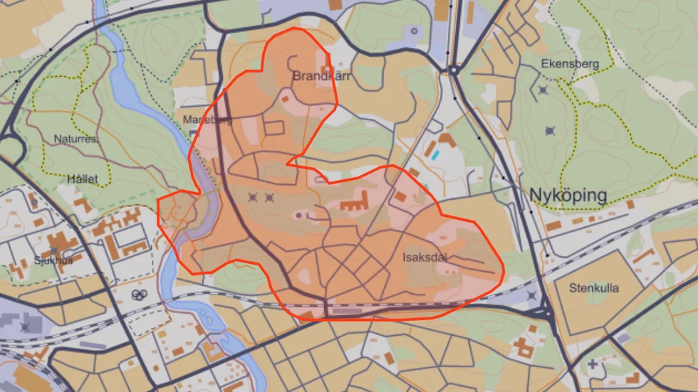 Områden som berörs av strömavbrottet i Nyköping.