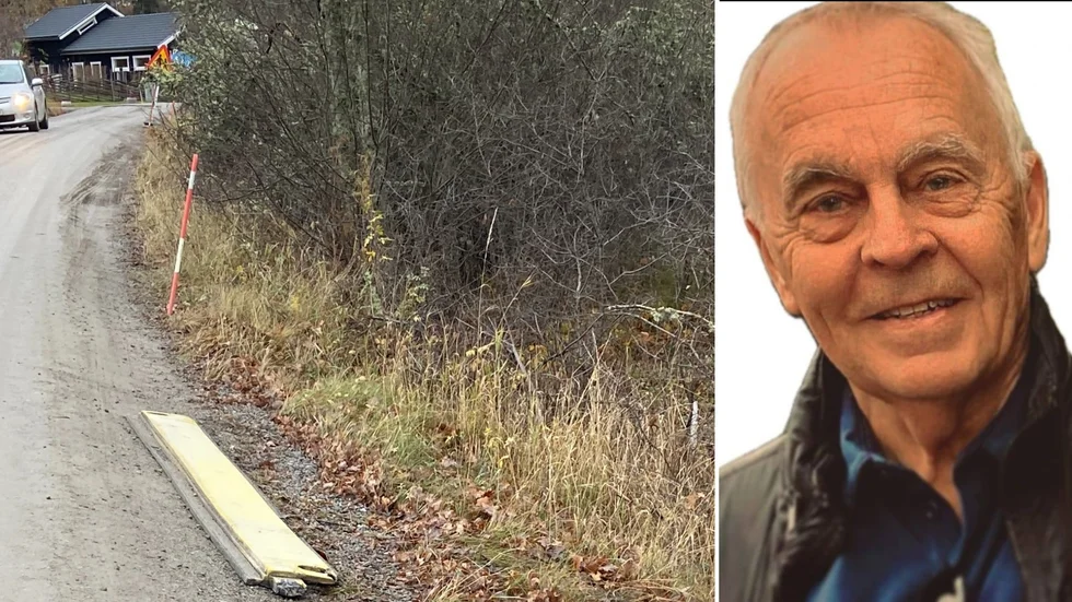 Hans Tjulin, boende i Slottsbrinken, är kritisk till lösningen. Till vänster ett farthinder på Viggebyvägen som någon flyttat på ...