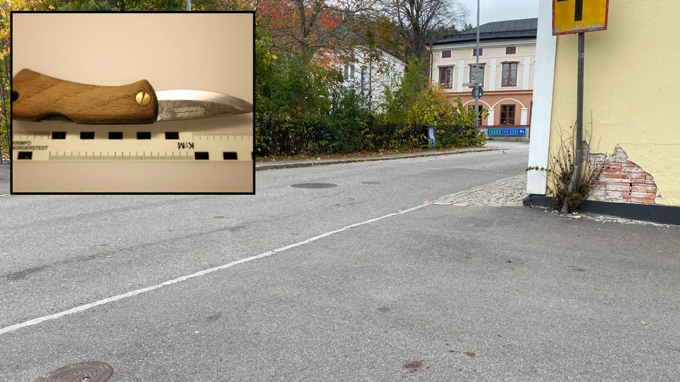Mordförsöket inträffade vid den förre detta färgaffären nära torget i Gamleby. Infällda bilden visar kniven som användes vid dådet.