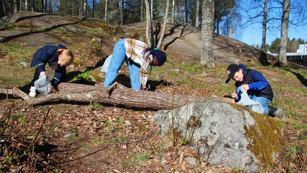 Leo, Stacy och Anton från förskoleklassen håller fint i skogsbrynet vid Nyhemsskolan.