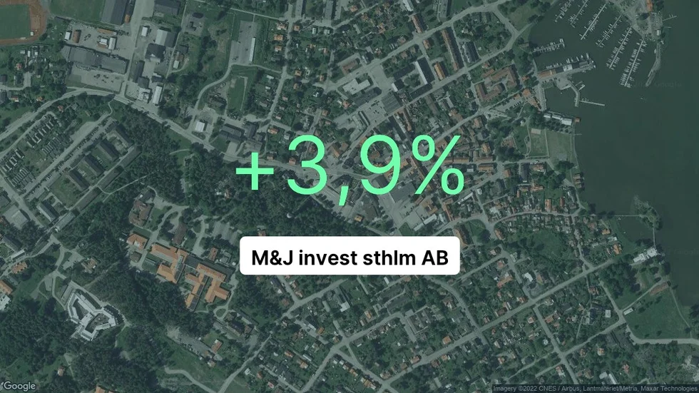 Illustrationen visar rörelsemarginalen för M&J invest sthlm för det senaste året. Bakgrunden är en satellitbild över företagets adress.
