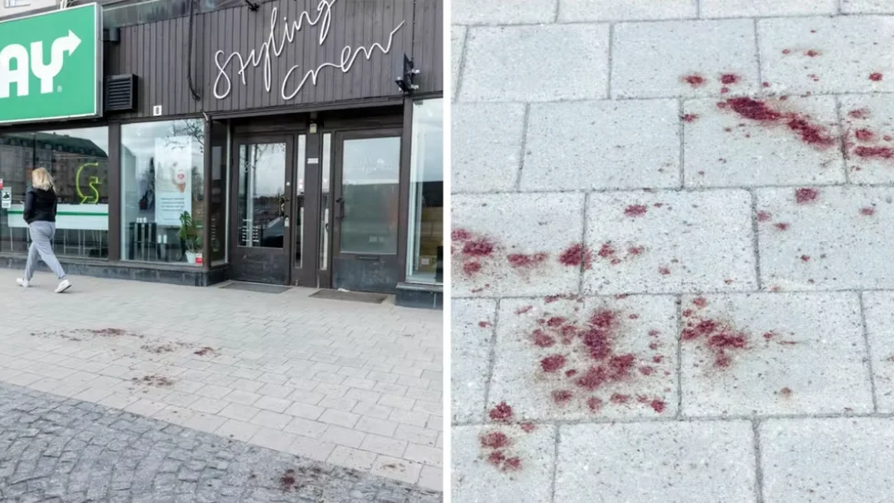 Blod finns kvar på marken utanför busstationen i Umeå. Polisen är förtegen om vad som har inträffat.