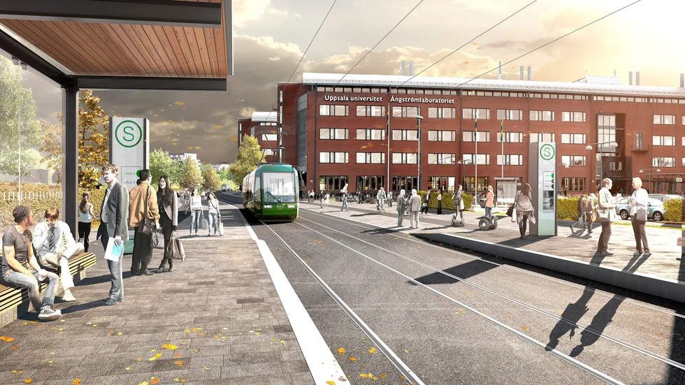 Fem partier i Uppsala kommunfullmäktige står bakom spårvagnsplanerna, övriga säger nej. Illustrationen visar tänkbar utformning av hållplats. 