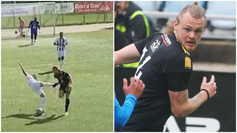 Kevin Fridh blev nedsparkad av Uniteds Roberto Varto i toppmötet i söndags.