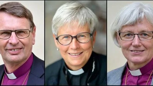 Fem kanidater som vill bli ärkebiskop. Domprost Johan Dalman, Strängnäs, biskop Per Eckerdal, Göteborgs stift, kyrkosekreterare Cristina Grenholm, kyrkokansliet i Uppsala, biskop Antje Jackelén, Lunds stift, samt biskop Ragnar Persenius, Uppsala stift.